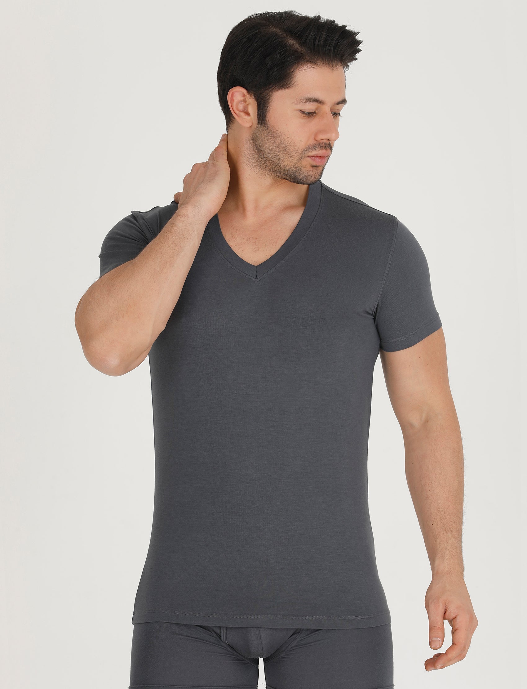 Men's bamboo V-neck undershirt, dark gray, short sleeves