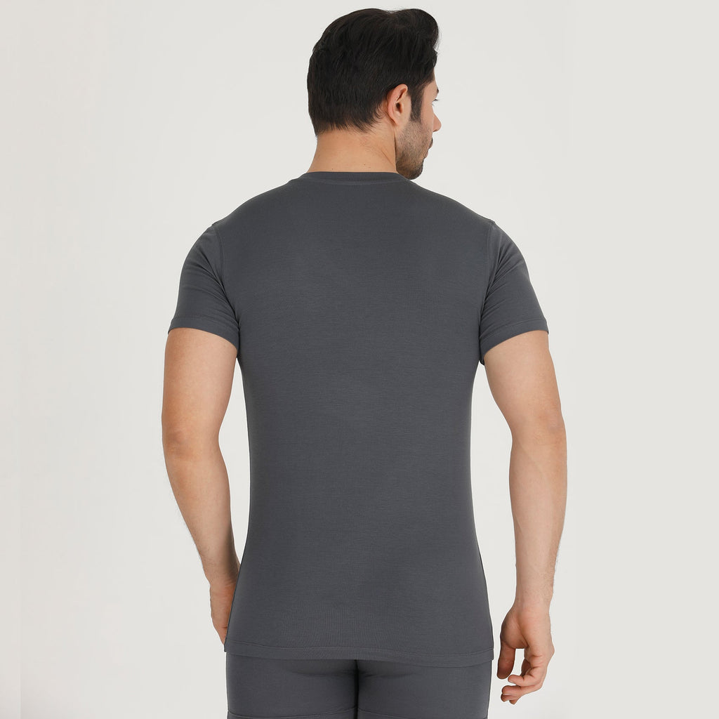 Men's bamboo V-neck undershirt, dark gray, back view with short sleeves