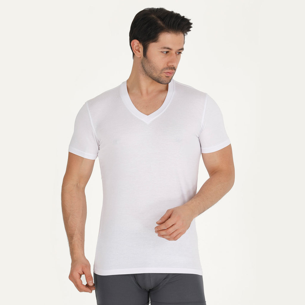 White bamboo v-neck undershirt with short sleeves and V-neckline