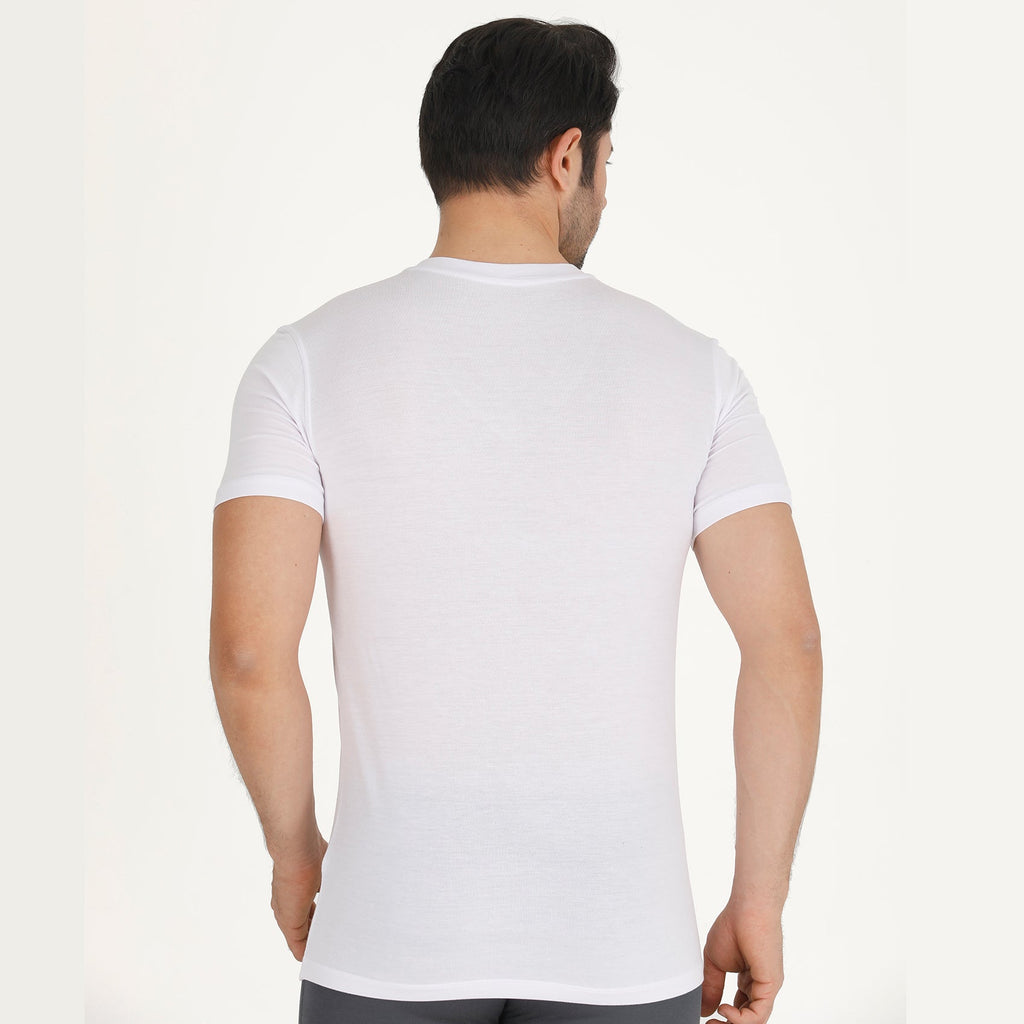 White bamboo v-neck undershirt back view, short sleeves
