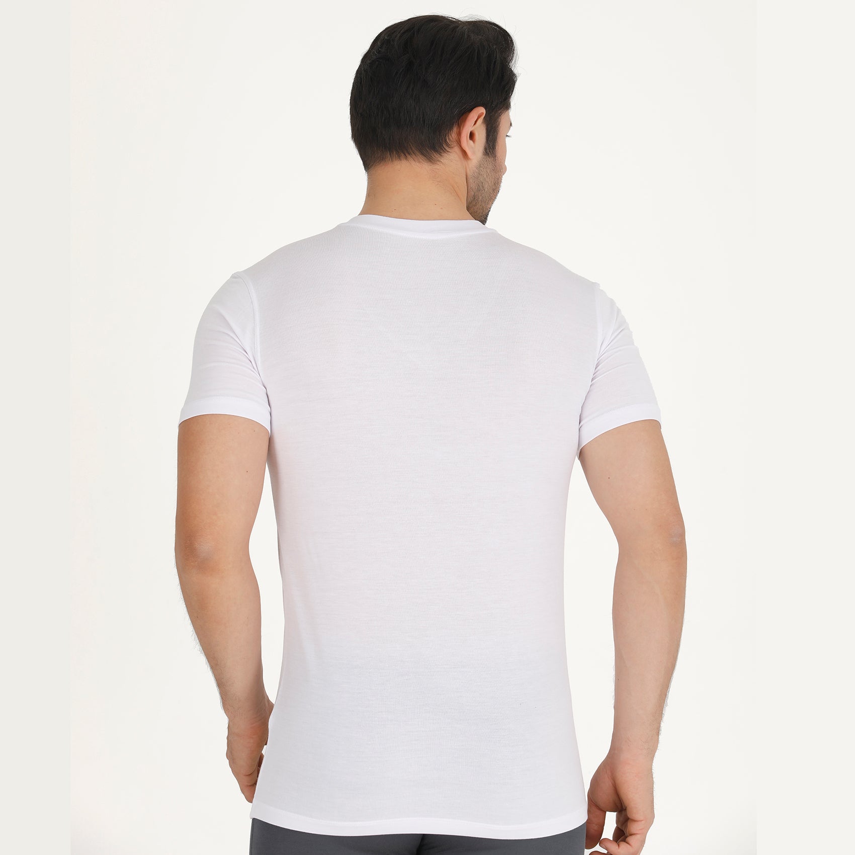 White bamboo v-neck undershirt back view, short sleeves
