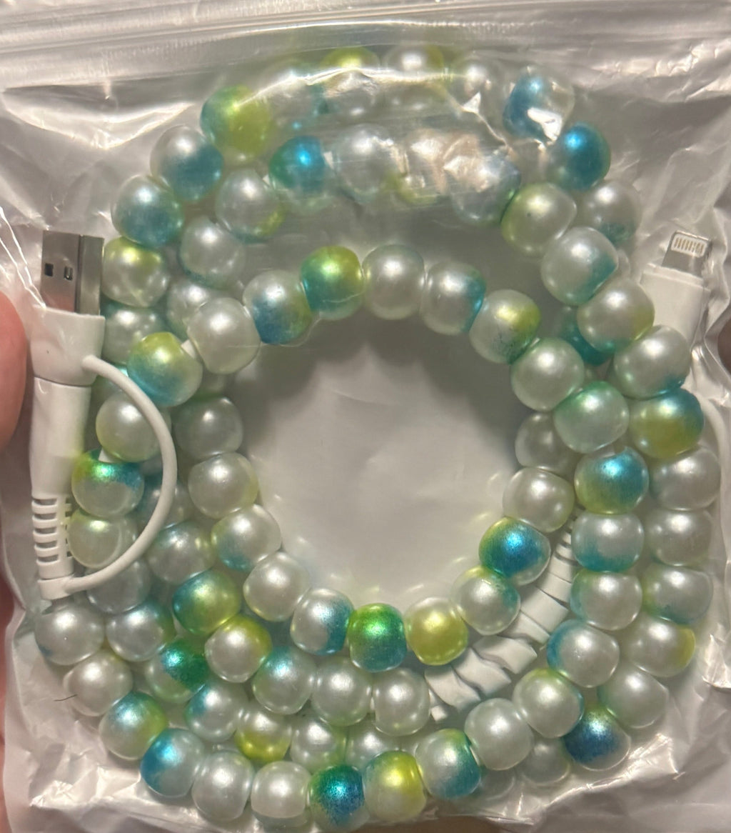 Beaded 4-in-1 charging cable with teal, blue, green, and white iridescent beads, ports shown