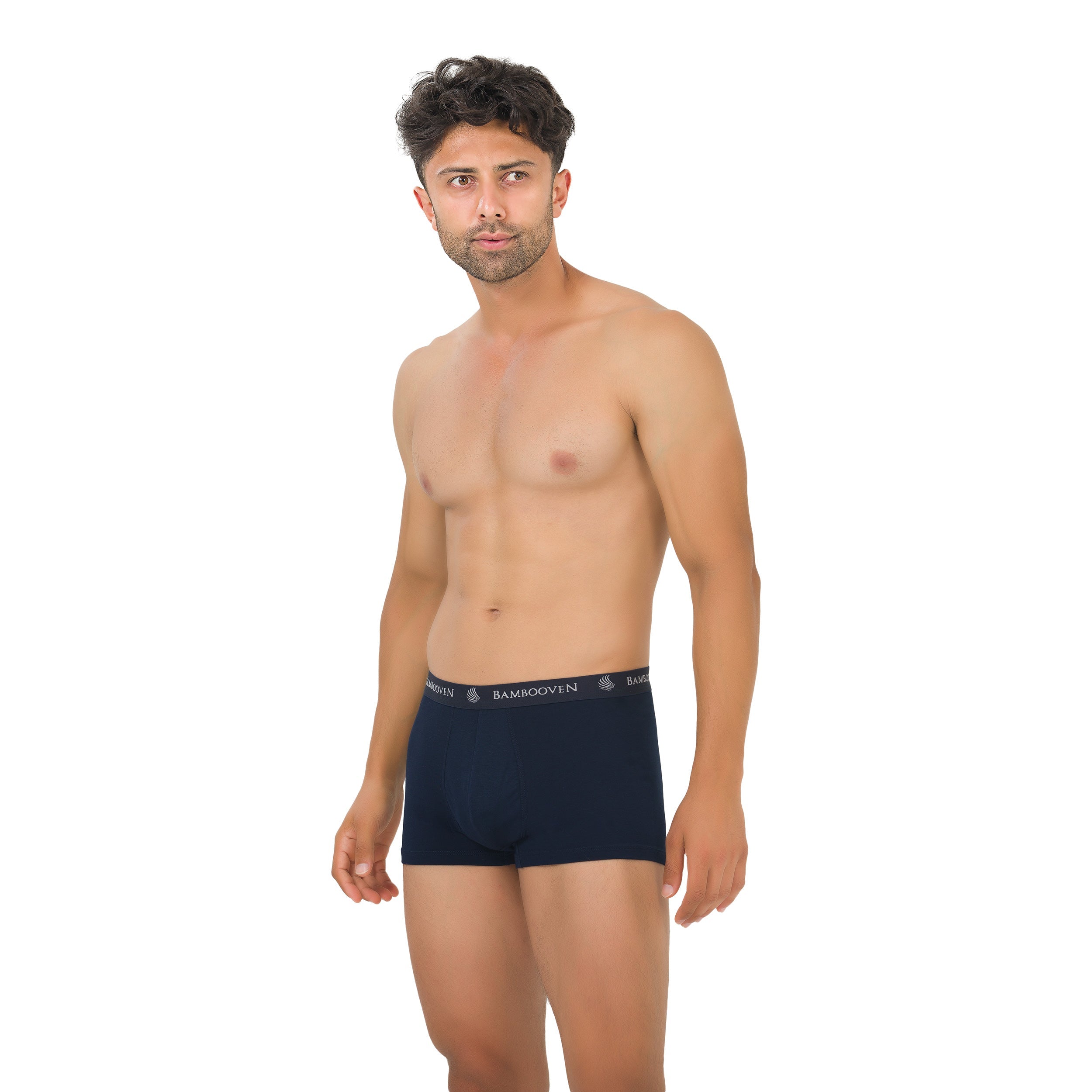 Men's bamboo trunks, dark navy boxer briefs with logo waistband, front view