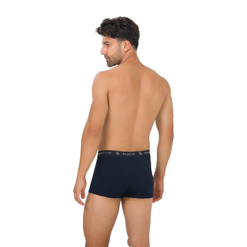Men's bamboo trunks, dark navy boxer briefs with logo waistband, back view