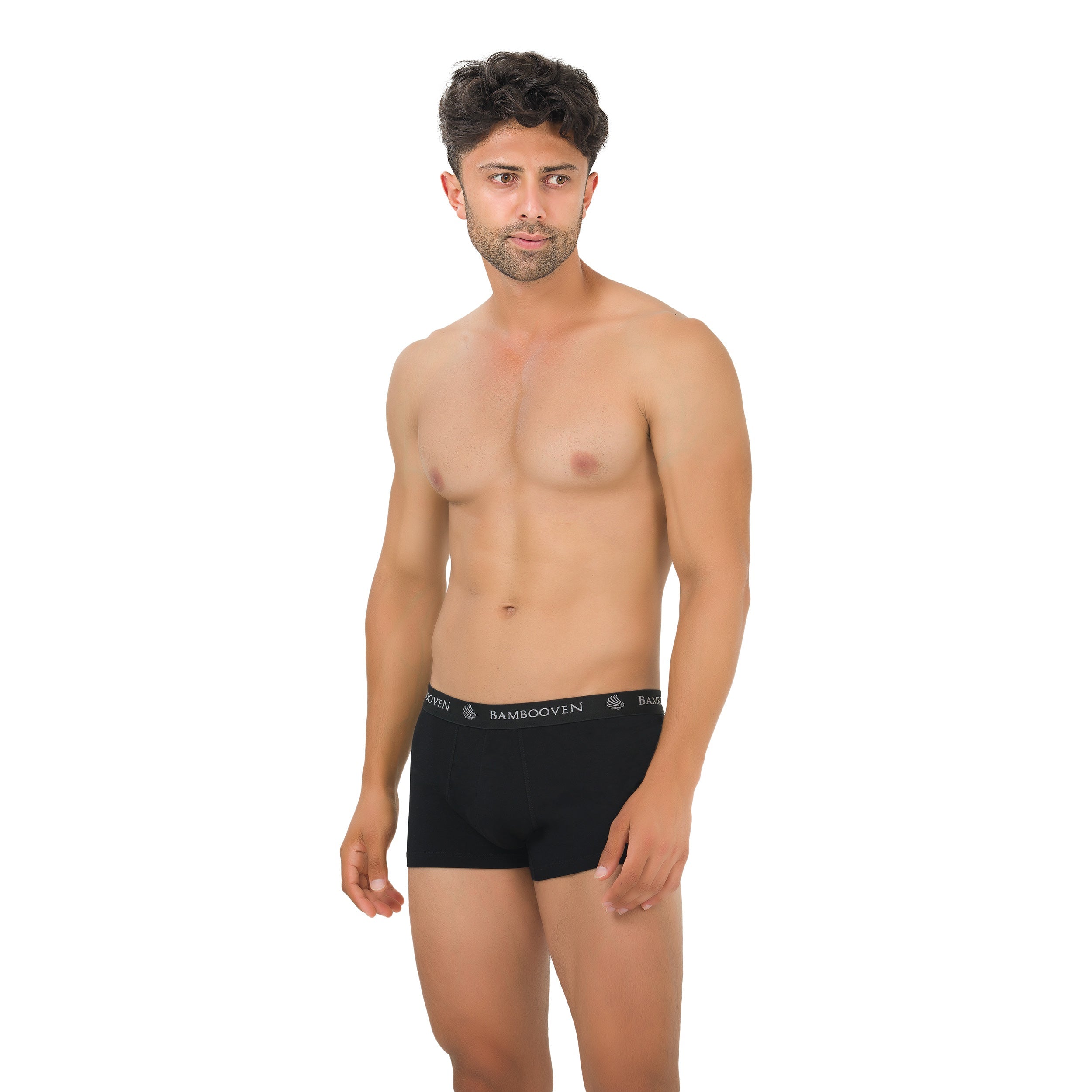Men's bamboo trunks, black boxer briefs with logo waistband, front view