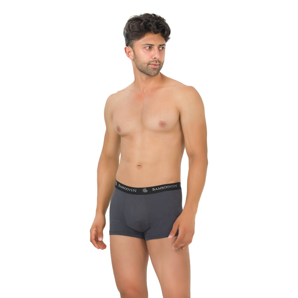 Men's bamboo trunks with pouch, dark gray boxer briefs, side front view