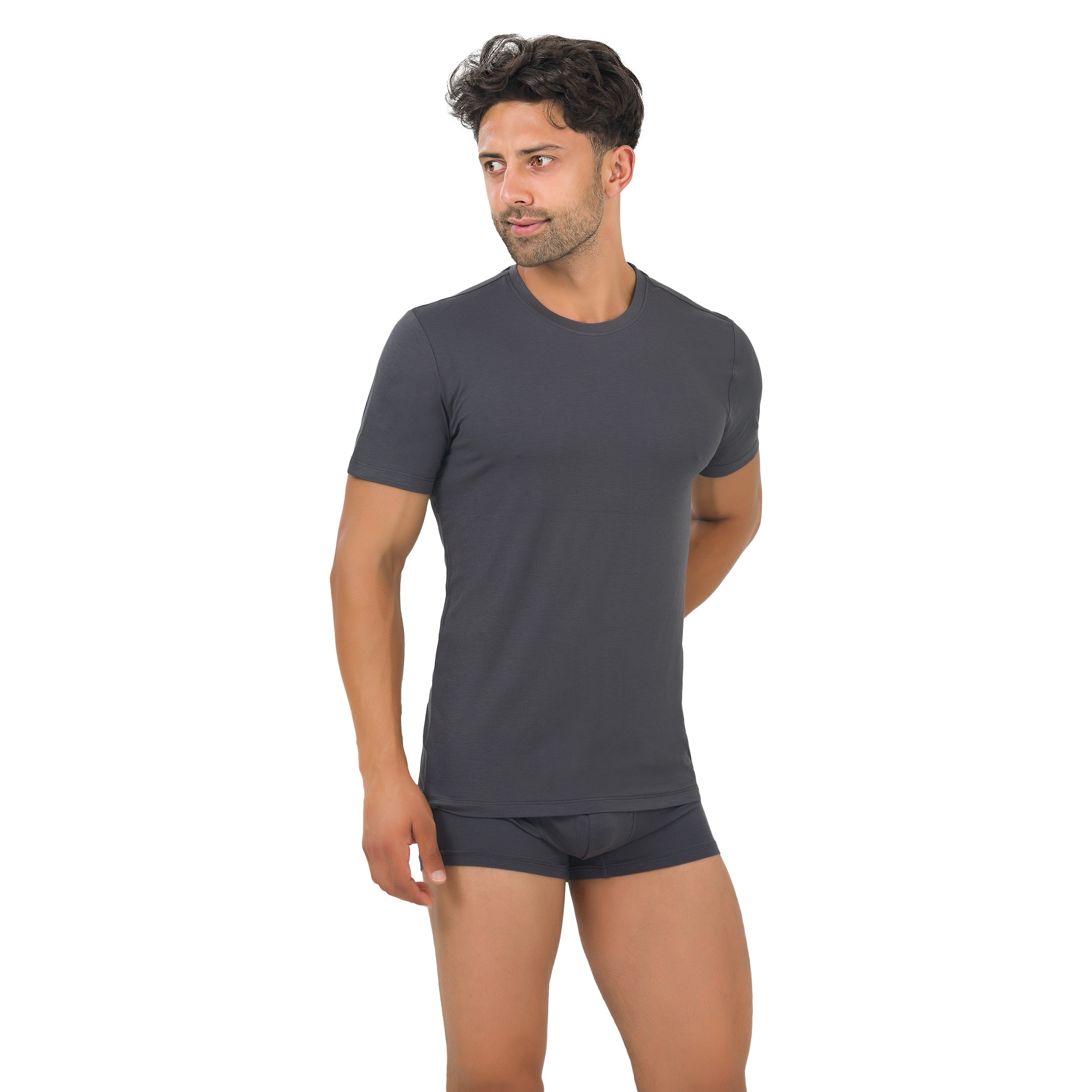 Men's crew neck undershirt in dark gray, short sleeves
