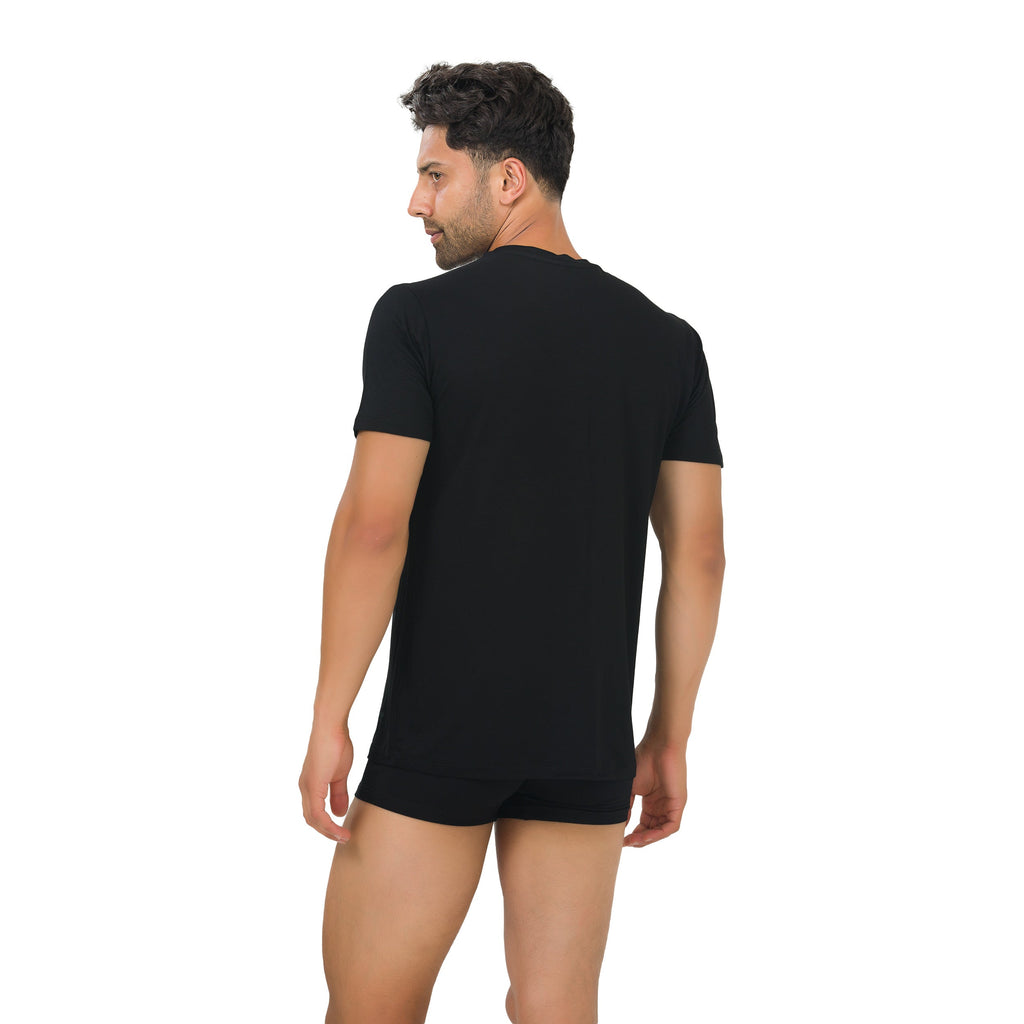 Men's crew neck undershirt in black, back view, short sleeves