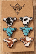 Cow-head earrings set with cow-print and turquoise, 3 pairs