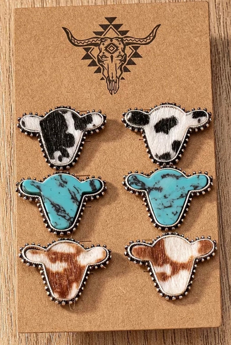 Cow-head earrings set with cow-print and turquoise, 3 pairs