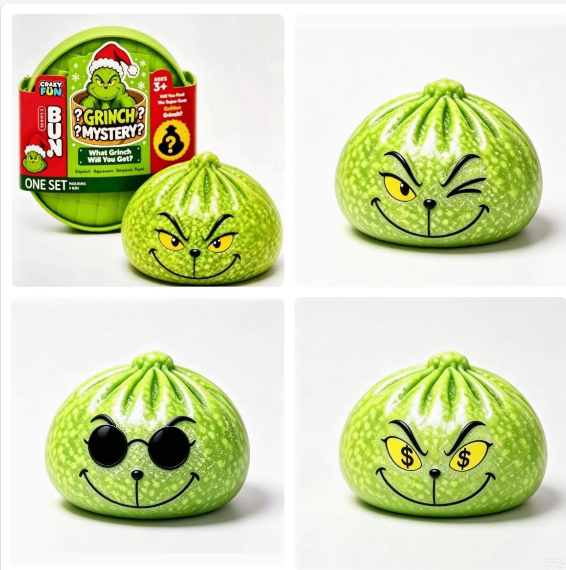 Green character squishy stress ball with friendly face, round shape.