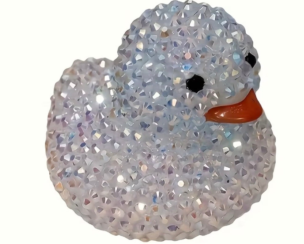 Glitter diamond art duck ornament with orange beak, light silver body