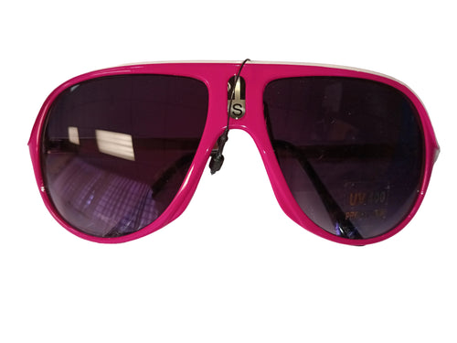 Pink oversized 80s-style sunglasses with dark tinted lenses and metal bridge detail