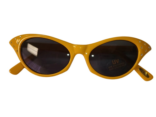 Yellow cat-eye rhinestone sunglasses with dark tinted lenses and rounded tips