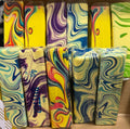 Marbled swirly squishy blocks, yellow purple blue and green stretch tie-dye