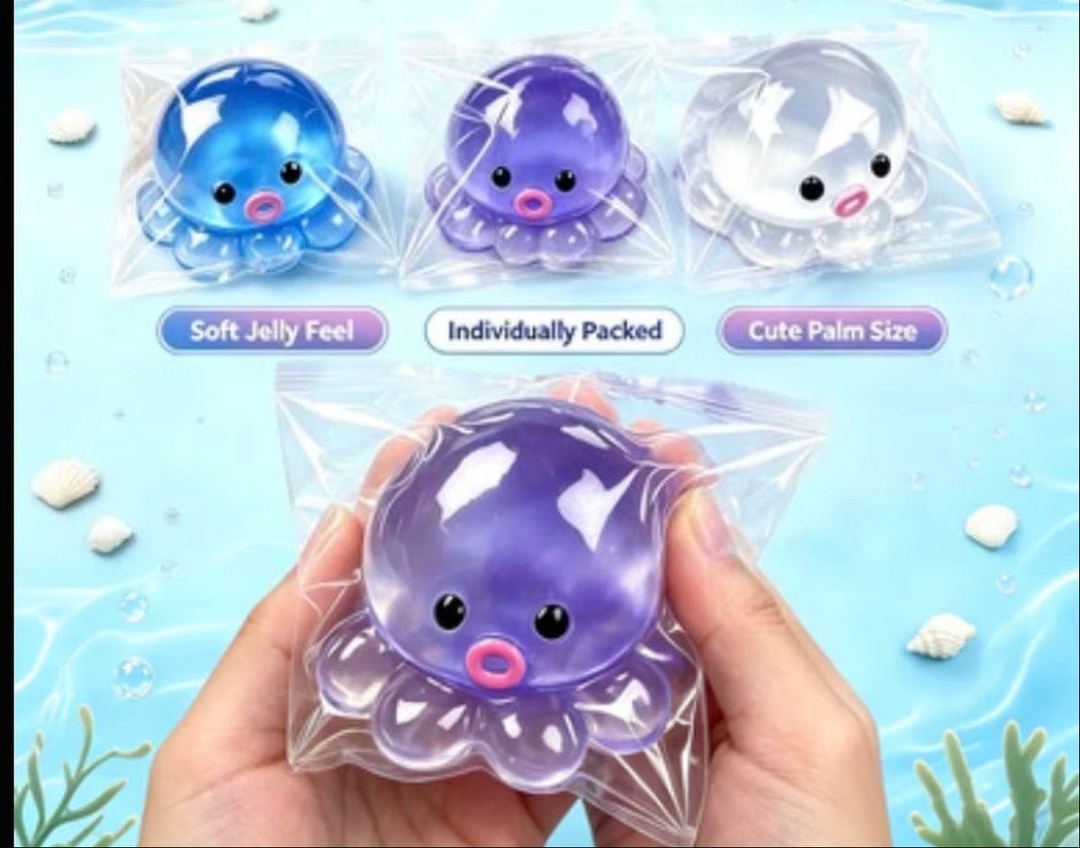 TABA JELLY OCTOPUS SQUISHES IN THEIR PLASTIC - BLUE, PURPLE OR CLEAR YOUR CHOICE