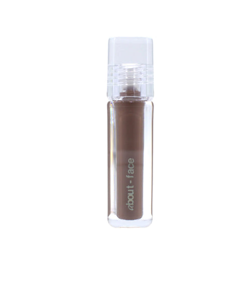 about-face Light Lock lip gloss bottle with clear cap, brown-tinted tube