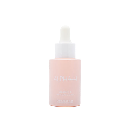 ALPHAH Vitamin E with Macadamia serum in clear dropper bottle, pink liquid