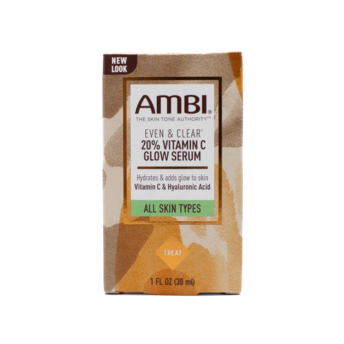 AMBI Even & Clear 20% Vitamin C Glow Serum box, 1 fl oz (30 ml), all skin types