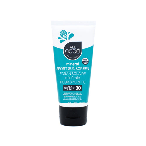 All Good mineral sport sunscreen SPF30 tube, teal and white with black cap