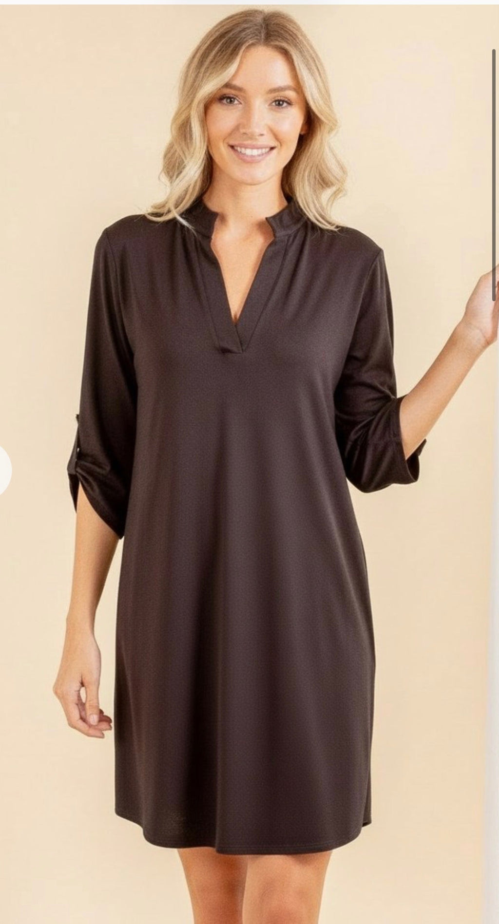 HEIMISH THREE-QUARTER ROLL UP BUTTON SLEEVE COLLARED BLACK DRESS
