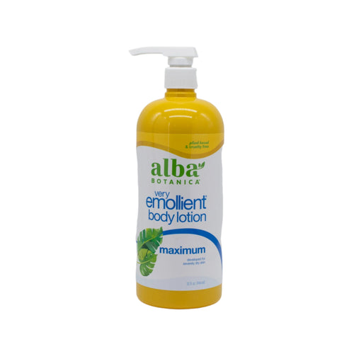 Alba Botanica emollient body lotion bottle with pump, yellow container