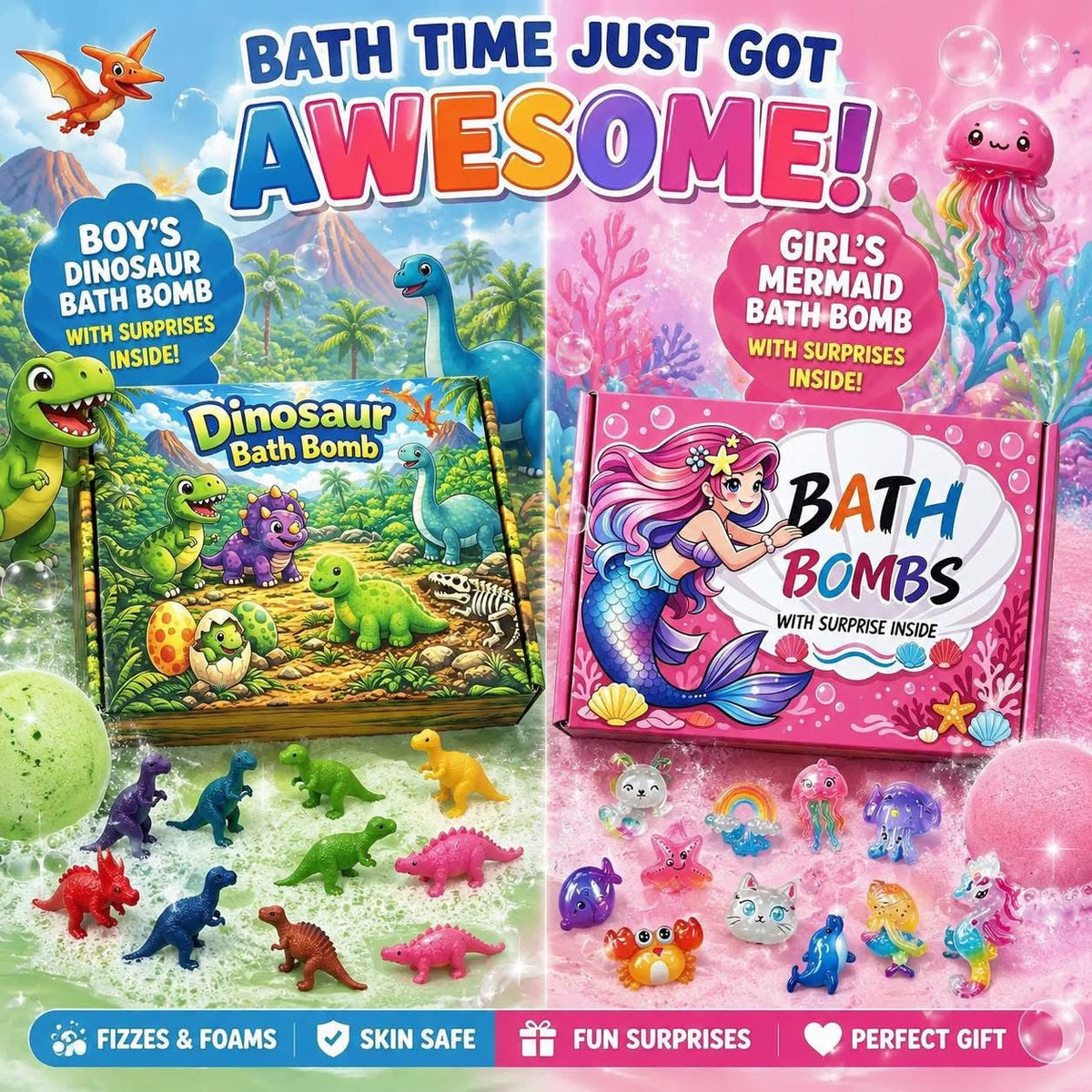 Bath bomb gift set with dinosaur and mermaid bath bombs plus surprise toy figures