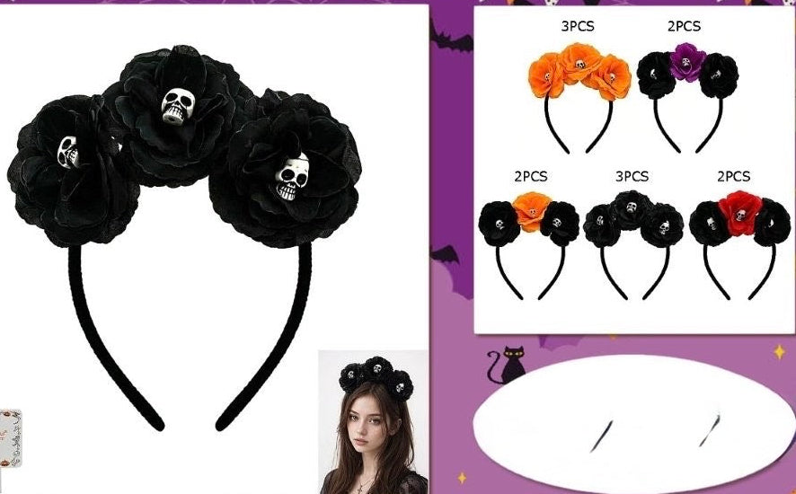 Black fabric headband with large rosette flowers and a small skull detail