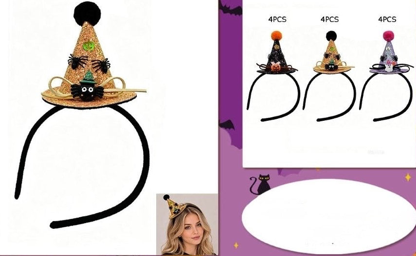 Orange witch hat headband with black band and pointed mini hat decorations