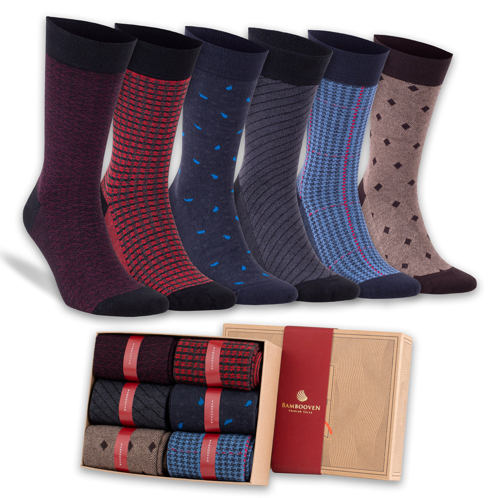Bamboo dress socks 6-pack with assorted colors: red, blue, maroon, and patterned designs