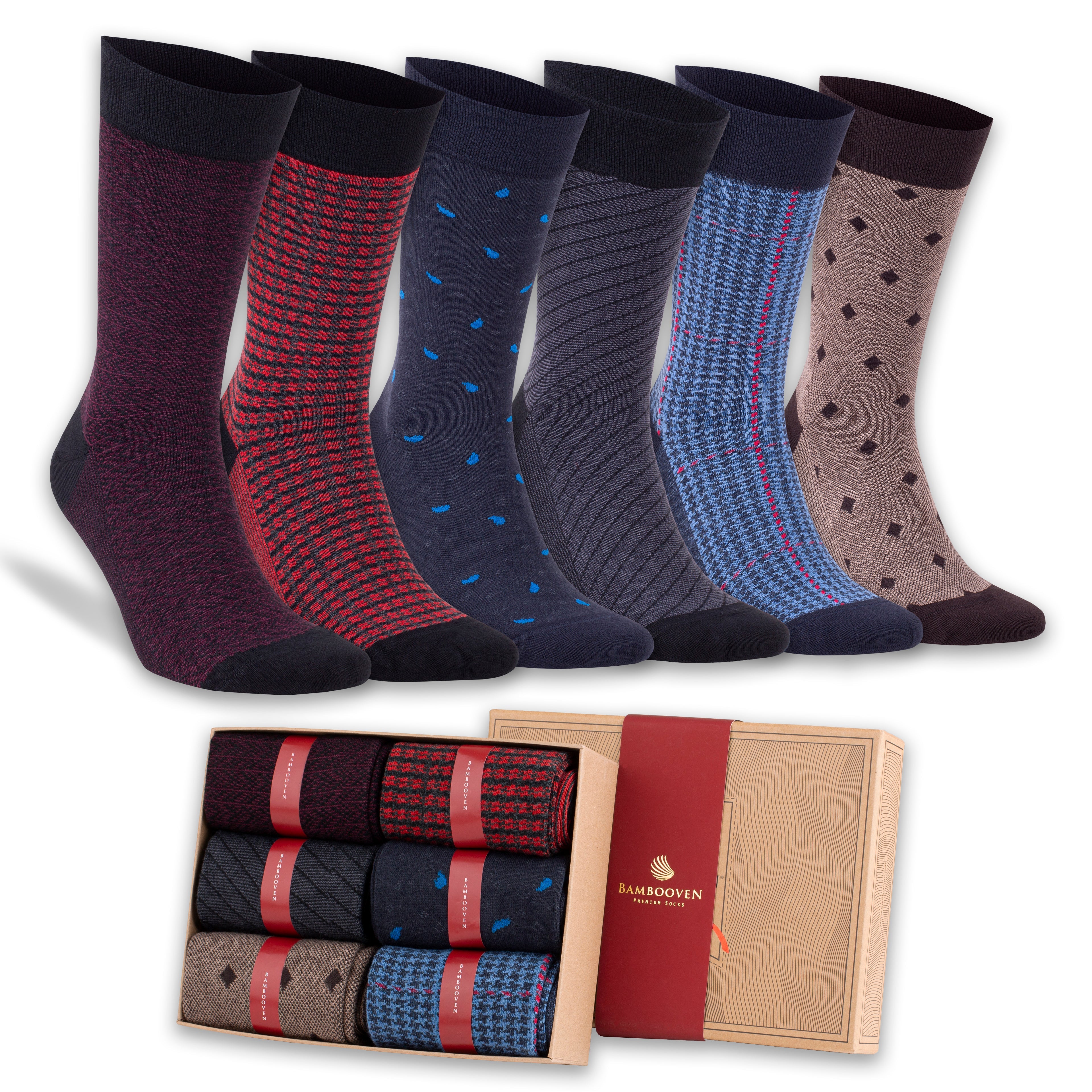 Bamboo dress socks 6-pack with assorted colors: red, blue, maroon, and patterned designs