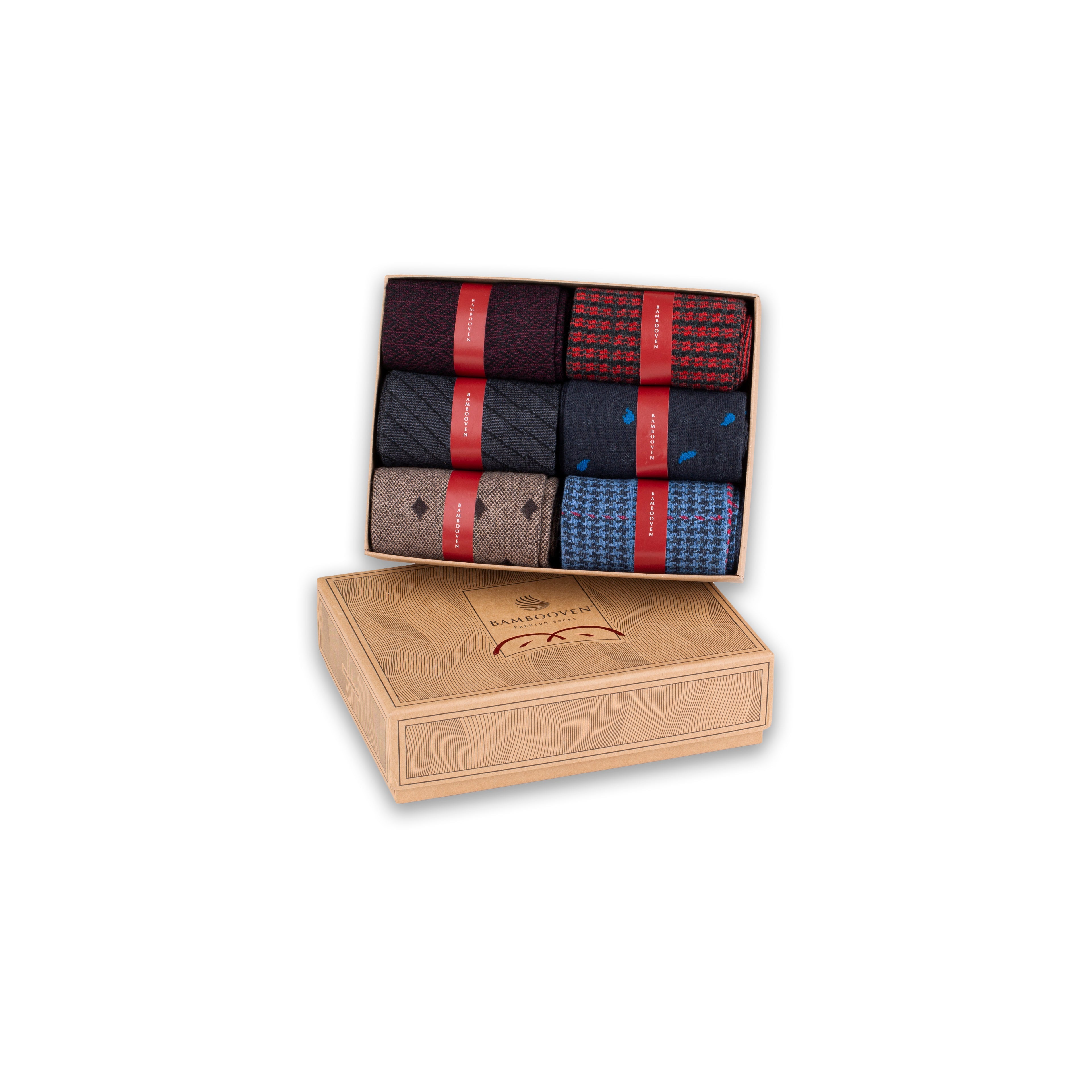 Bamboo dress socks 6-pack in gift box with folded pairs in red, blue, and tan patterns