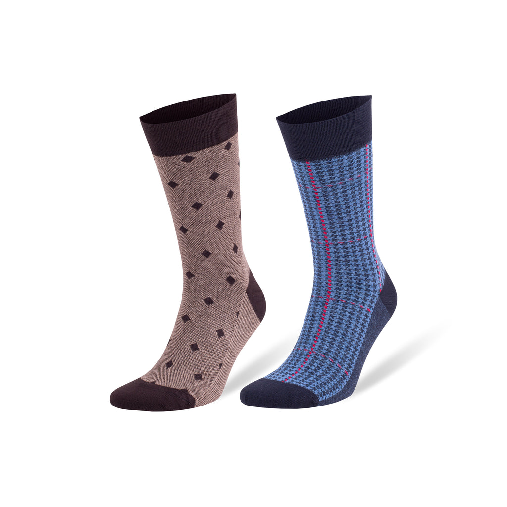 Pair of dress socks: taupe with small diamond pattern and navy with blue patterned knit