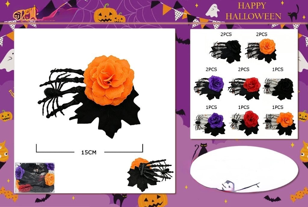 Orange rose skeleton hand decoration with black finger silhouette on display card