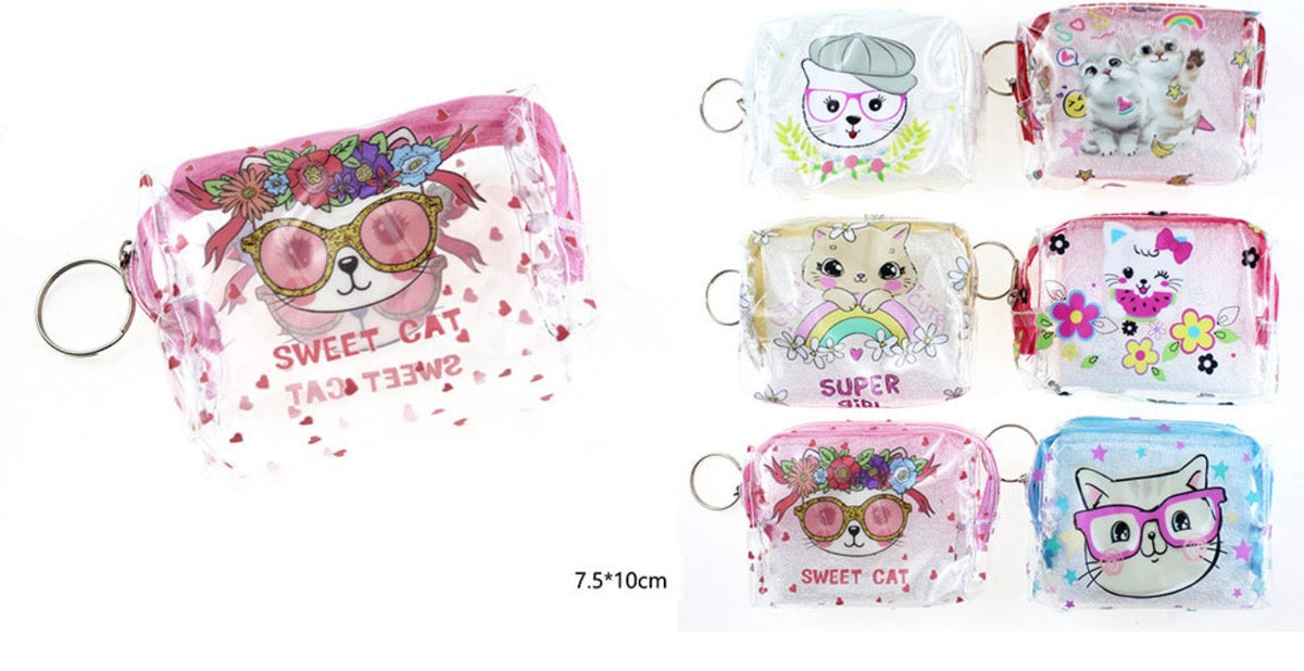 Transparent cat-themed zip pouch with keyring, pink and white cartoon face print
