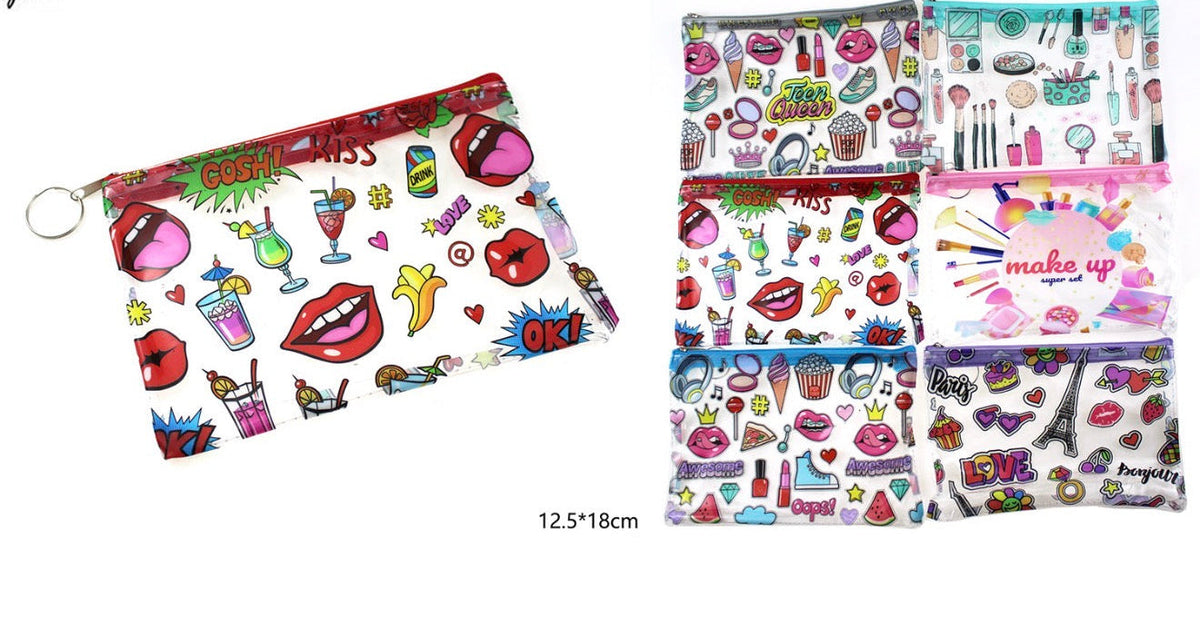 Red zippered accessory pouch with colorful makeup-print and keyring strap