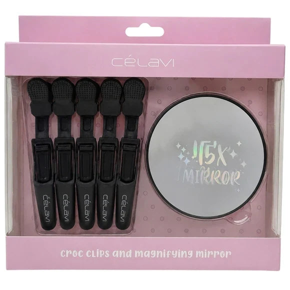 CELAVI 5-pack clip and 15x magnifying mirror set in a pink box with black clips