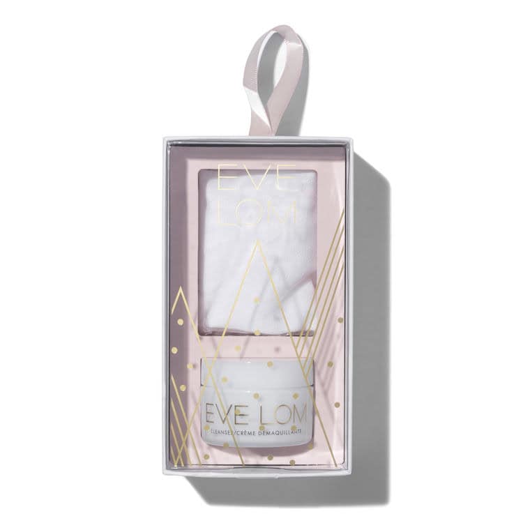 EVE LOM ornament gift box with ribbon, gold geometric design and EVE LOM text