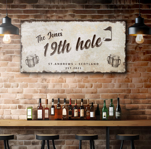 Personalized golf wall sign with “19th hole” text and small trophy illustrations