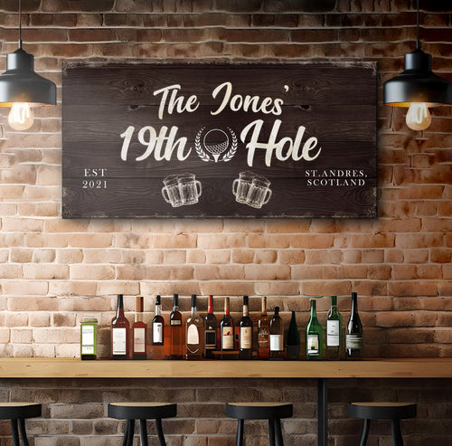 Personalized wooden golf sign: The Jones 19th Hole, EST 2021