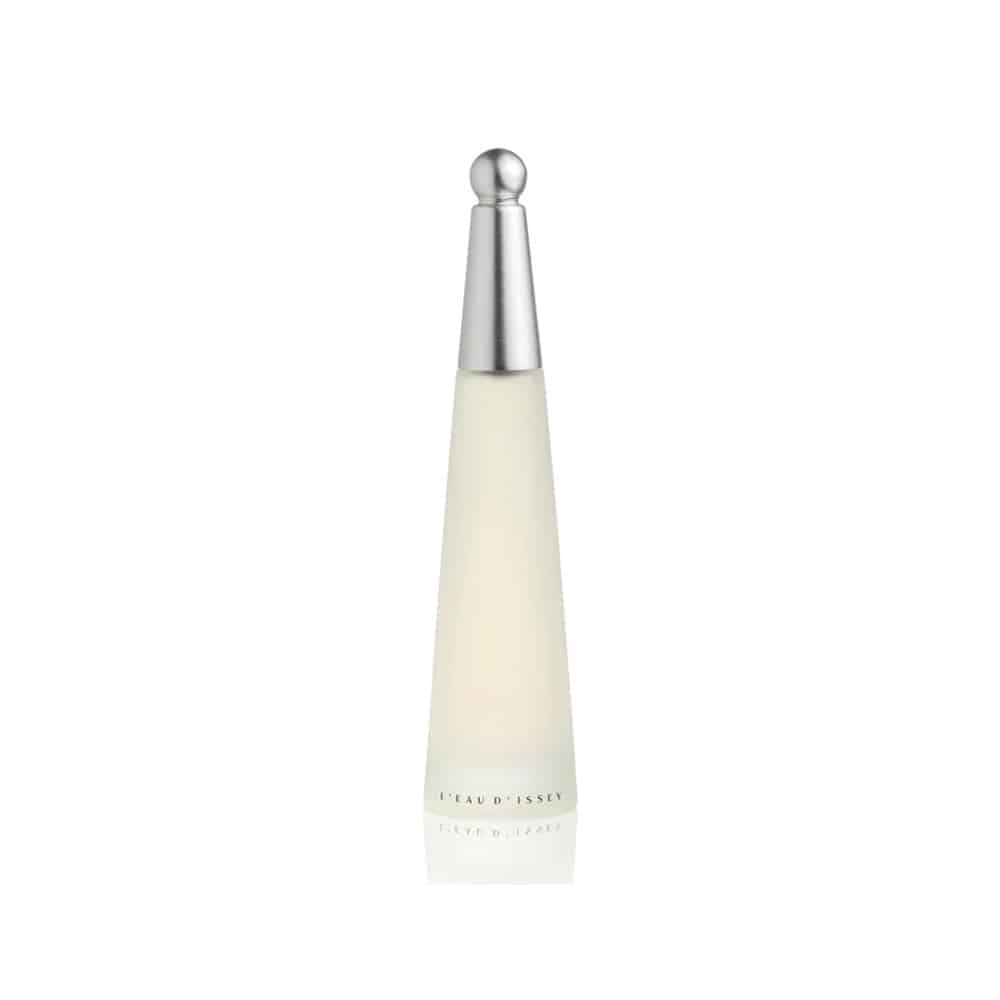 Issey Miyake fragrance bottle with silver cap, pale cream liquid, EDT spray