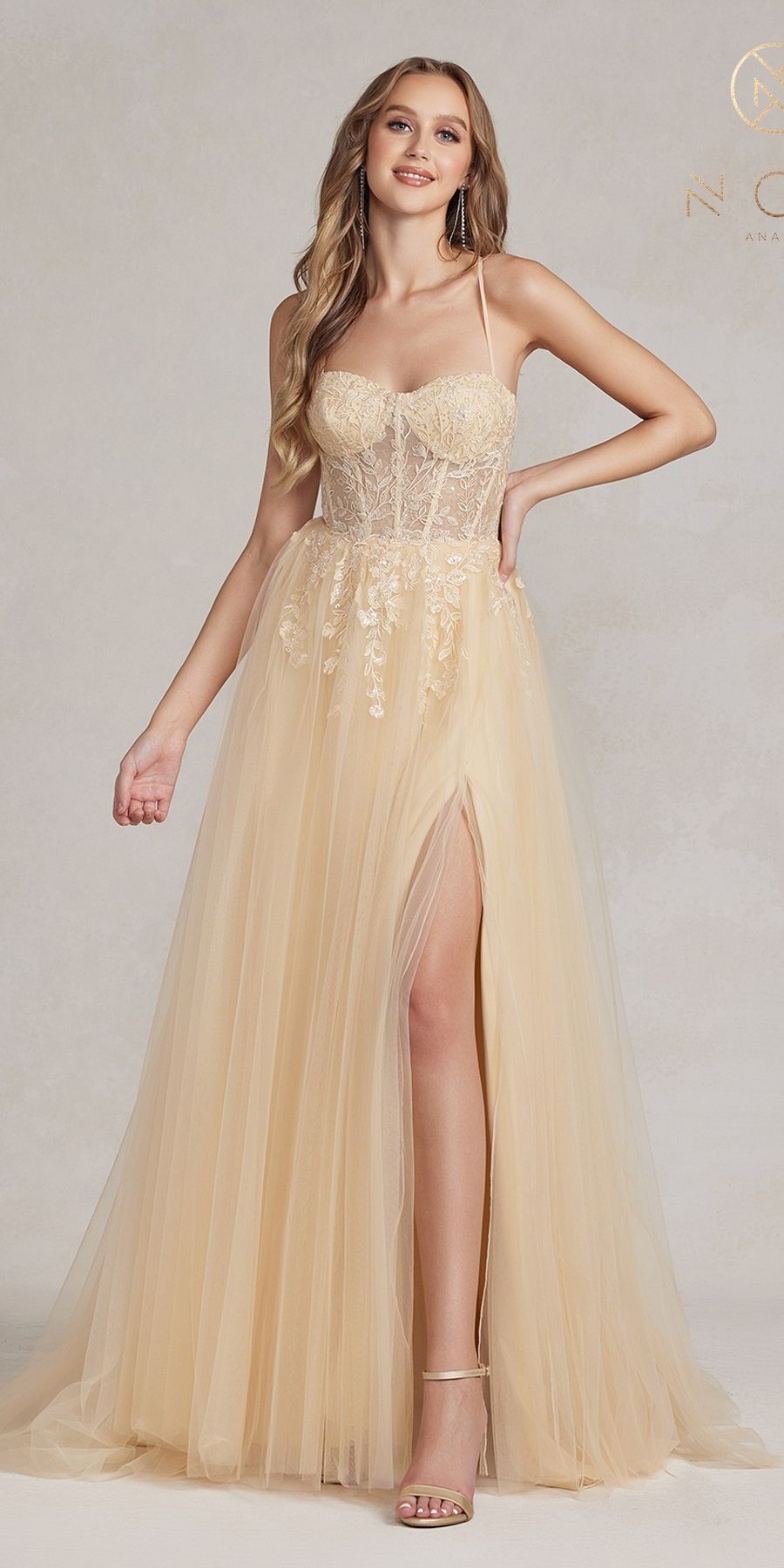 Champagne A-line tulle gown with sweetheart bodice and thigh slit front view