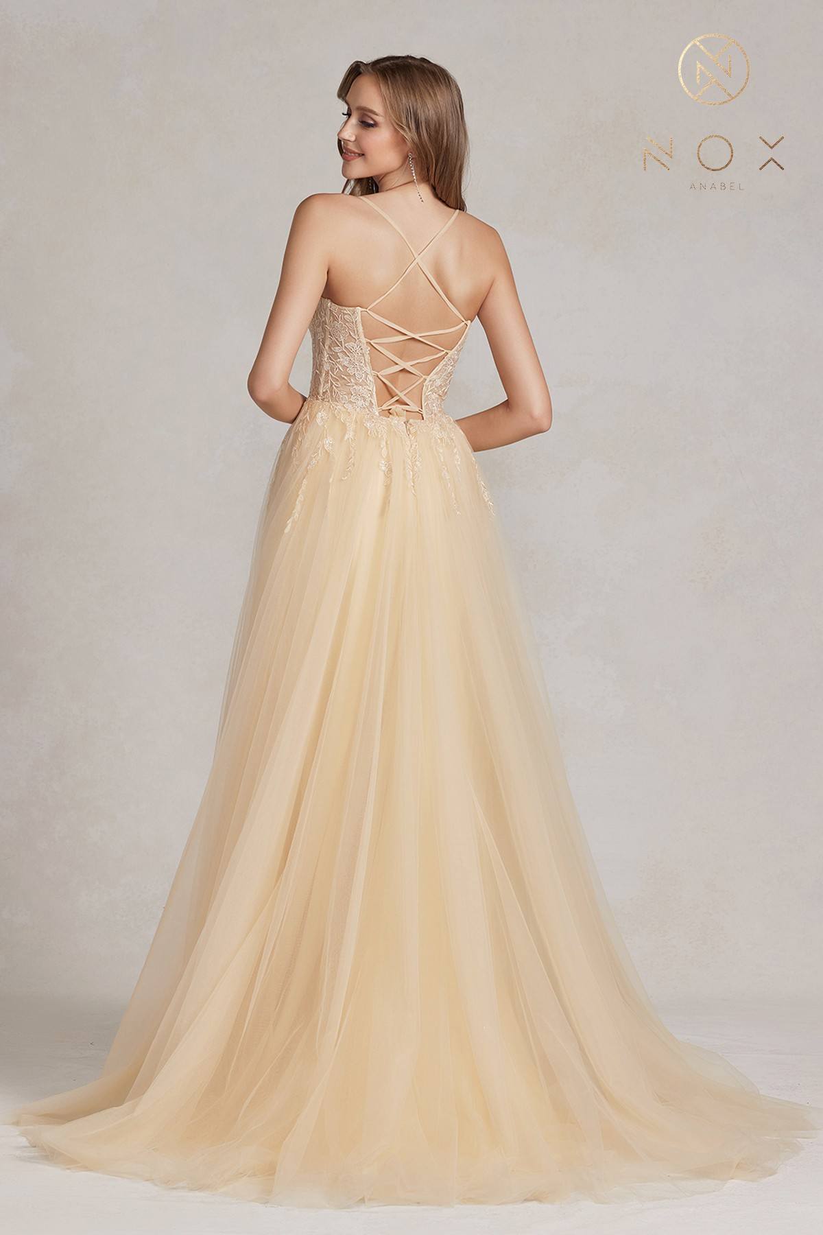 Champagne A-line tulle gown, lace back crisscross straps, floor length view