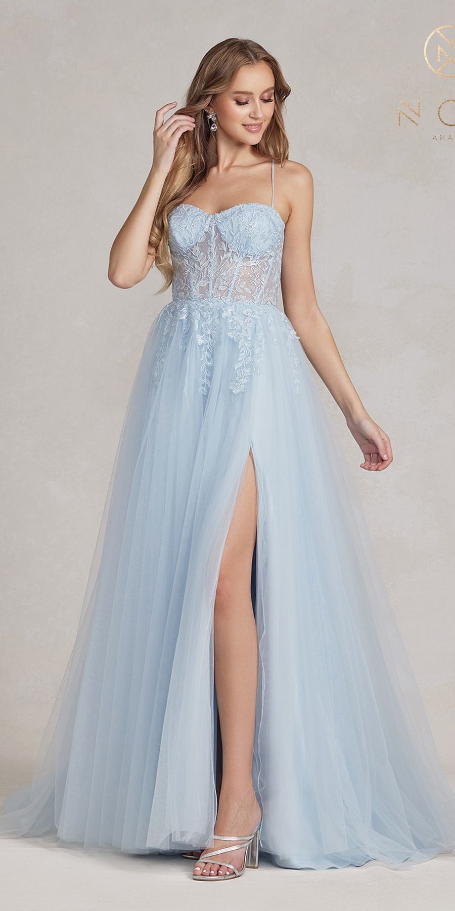 Light blue A-line tulle gown with sweetheart bodice and front thigh slit