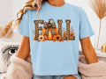 Light blue fall pumpkin graphic T-shirt with leopard-print “Fall” and floral pumpkin design