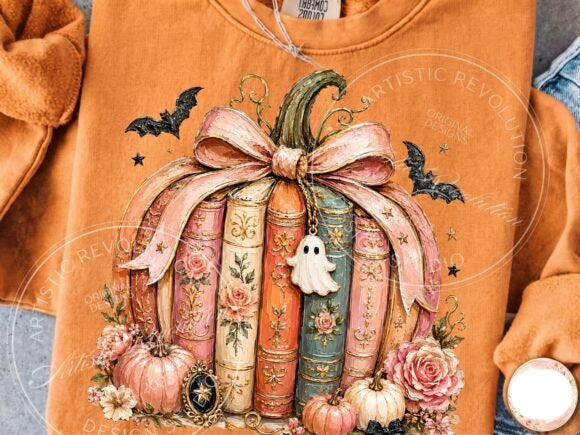Orange crewneck graphic tee with pumpkin artwork, roses, and ghost