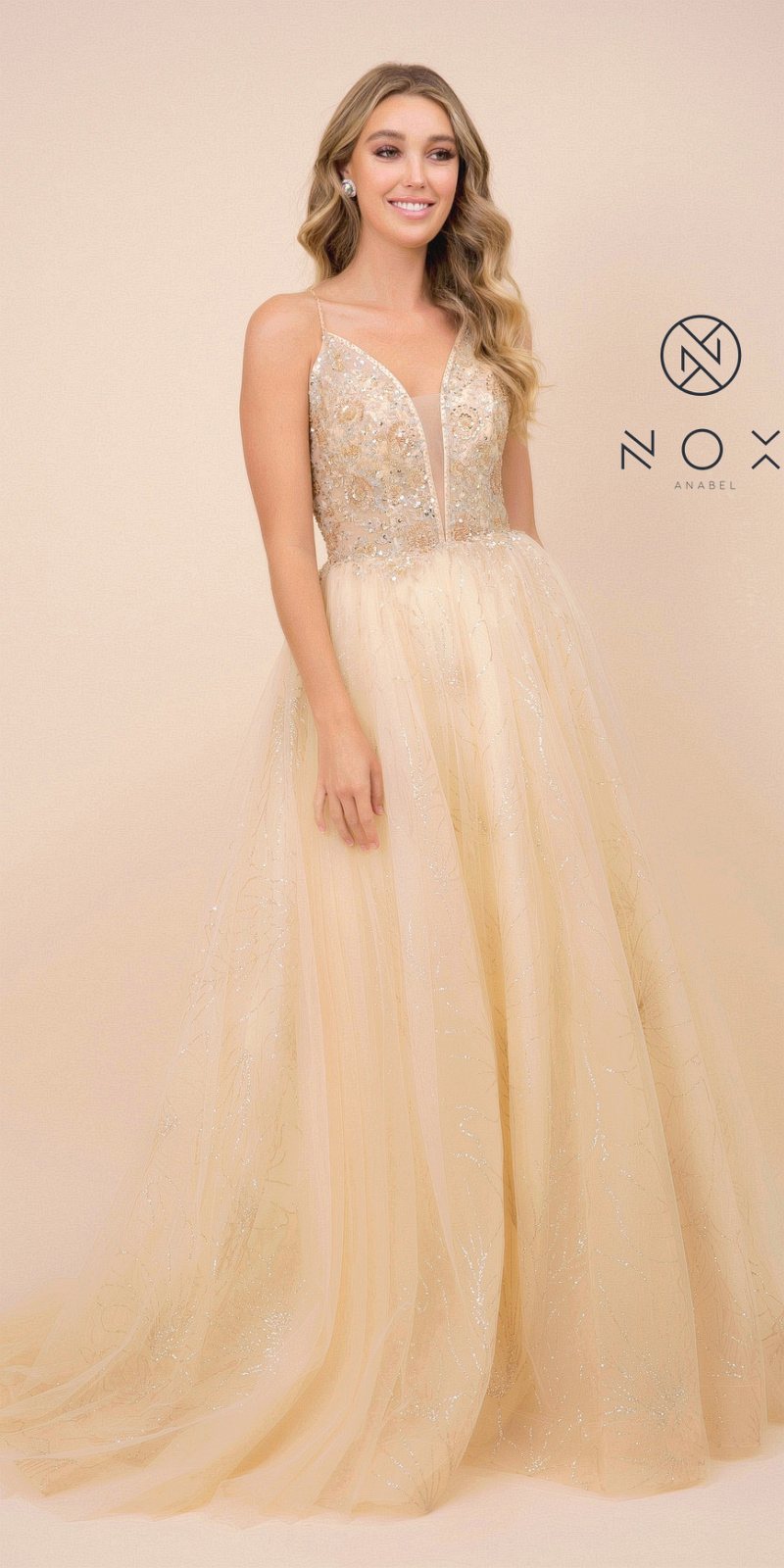 Embellished V-neck ball gown with glittery bodice and layered tulle skirt, gold tone