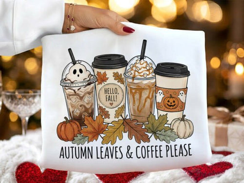 Black graphic T-shirt with autumn leaves and coffee cups print, crew neck