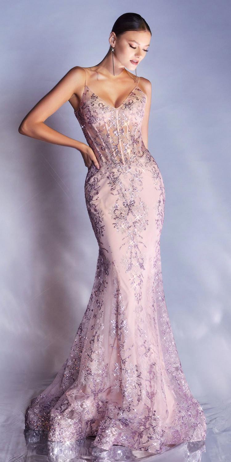 Blush pink glitter corset gown with floral sequin pattern, thin straps, fitted long skirt
