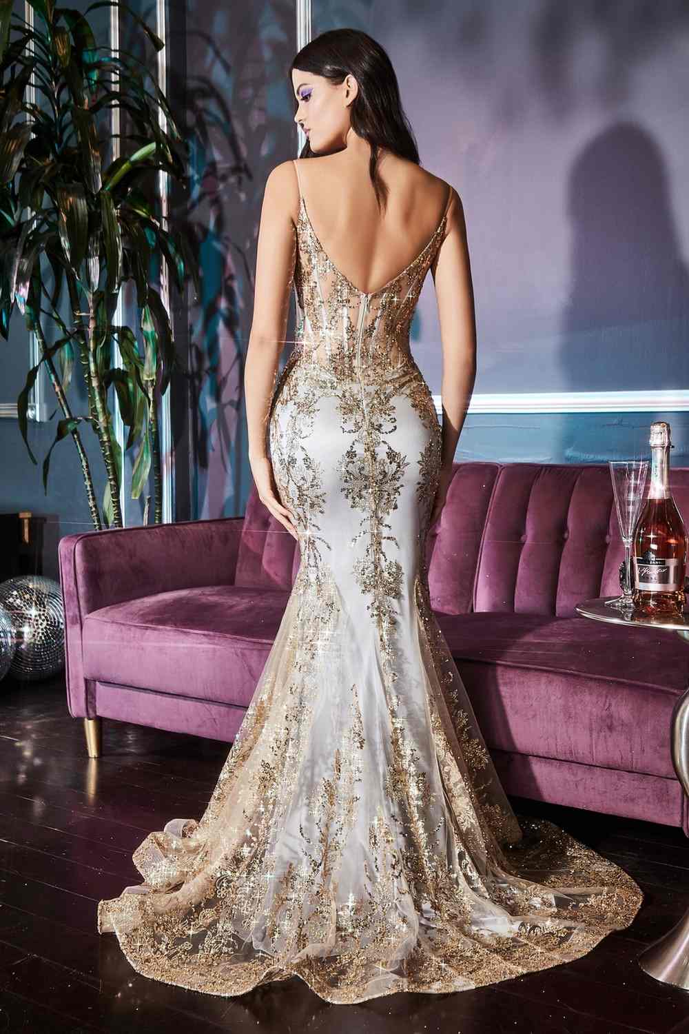 Champagne gold fitted mermaid gown with V-neck back and metallic embroidered lace